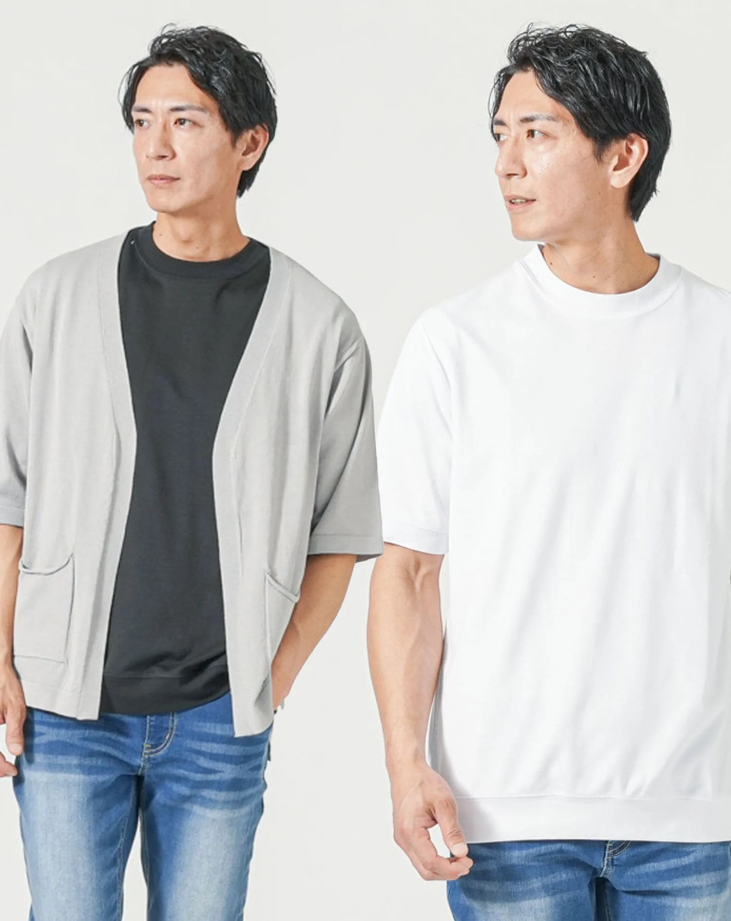 メンズ夏服トップス3点コーデセット　グレー5分袖カーディガン×白半袖Tシャツ×黒半袖Tシャツ - Image 2