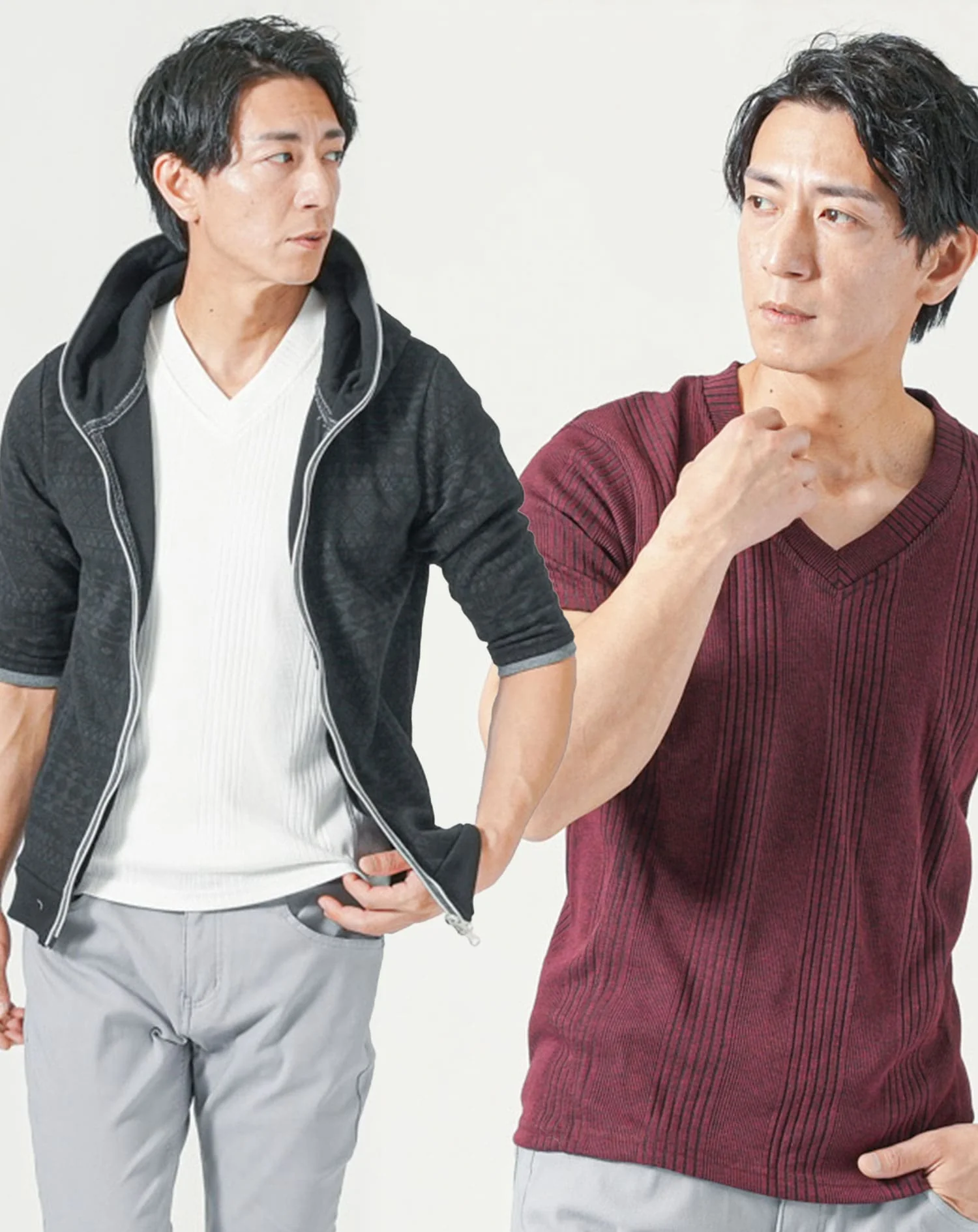 メンズ夏服トップス3点コーデセット　黒5分袖パーカー×白半袖Tシャツ×ワイン黒半袖Tシャツ - Image 2