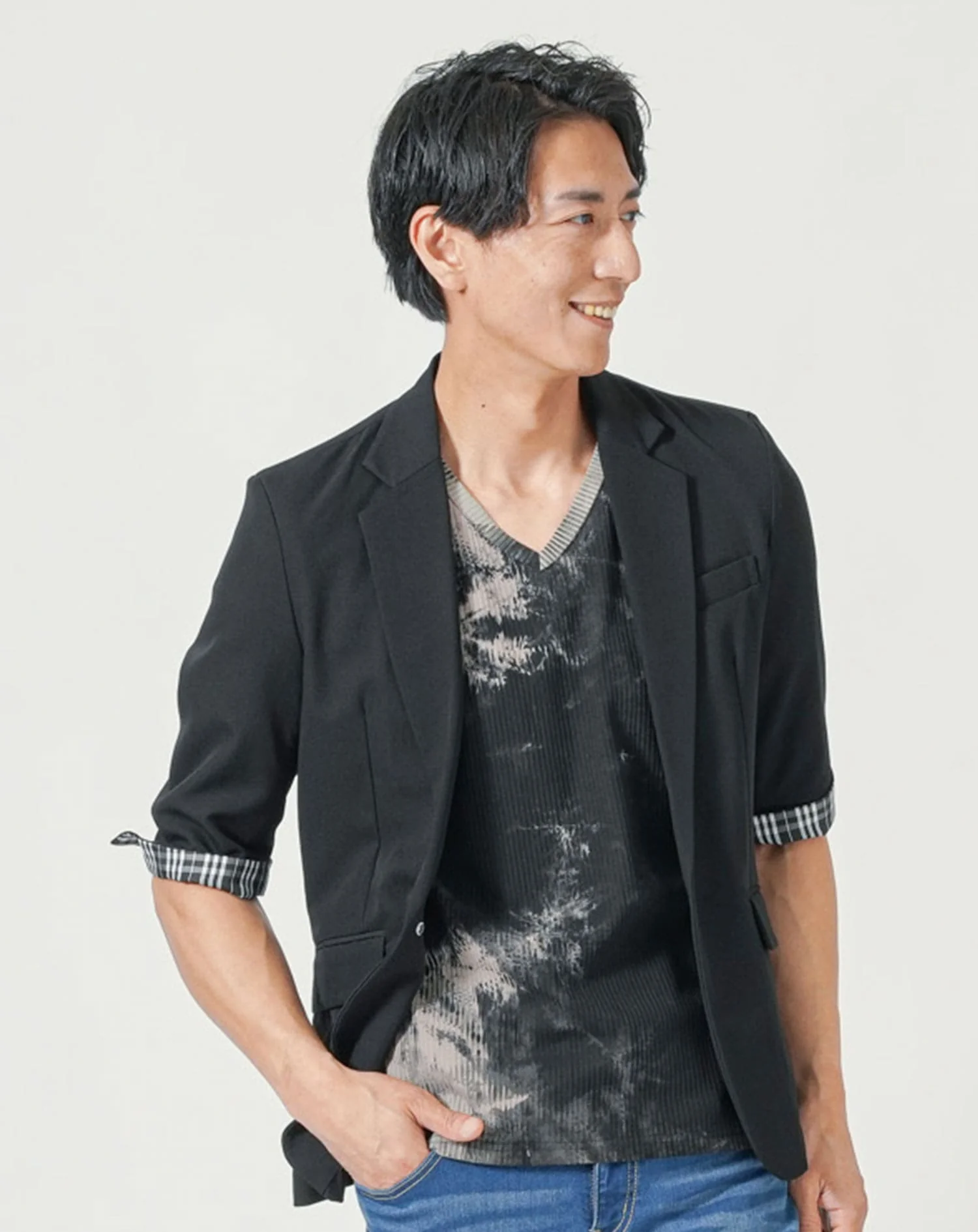 メンズ夏服トップス3点コーデセット　黒5分袖テーラードジャケット×白半袖Tシャツ×黒半袖Tシャツ - Image 5
