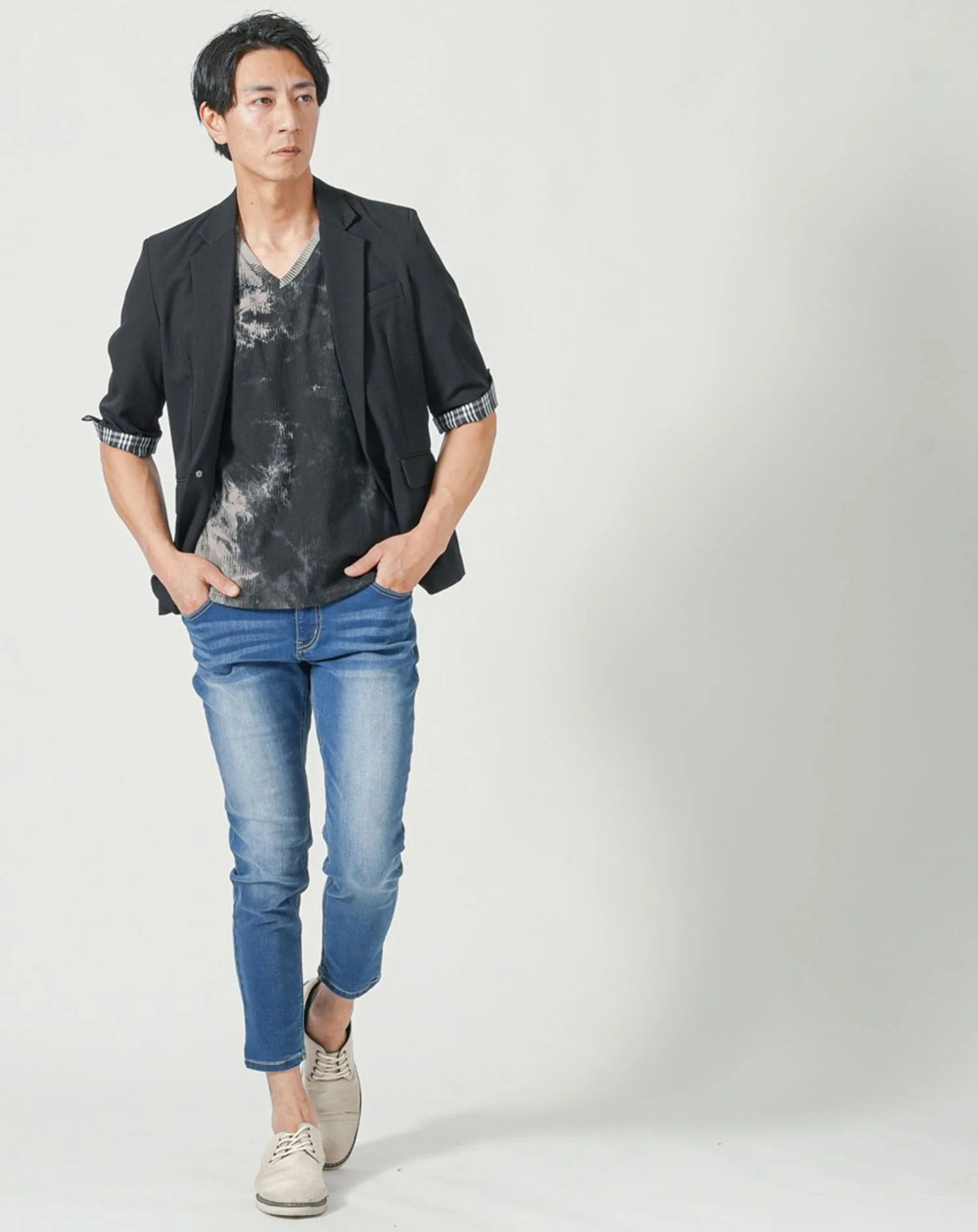 メンズ夏服トップス3点コーデセット　黒5分袖テーラードジャケット×白半袖Tシャツ×黒半袖Tシャツ - Image 6