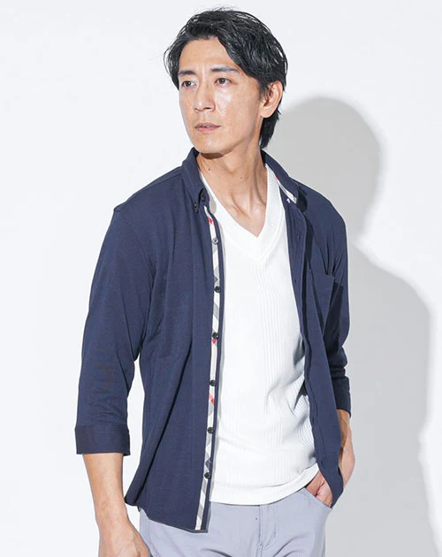 クールマックス素材前開きドライ加工前立てデザインボタンダウン7分袖シャツ - Image 4