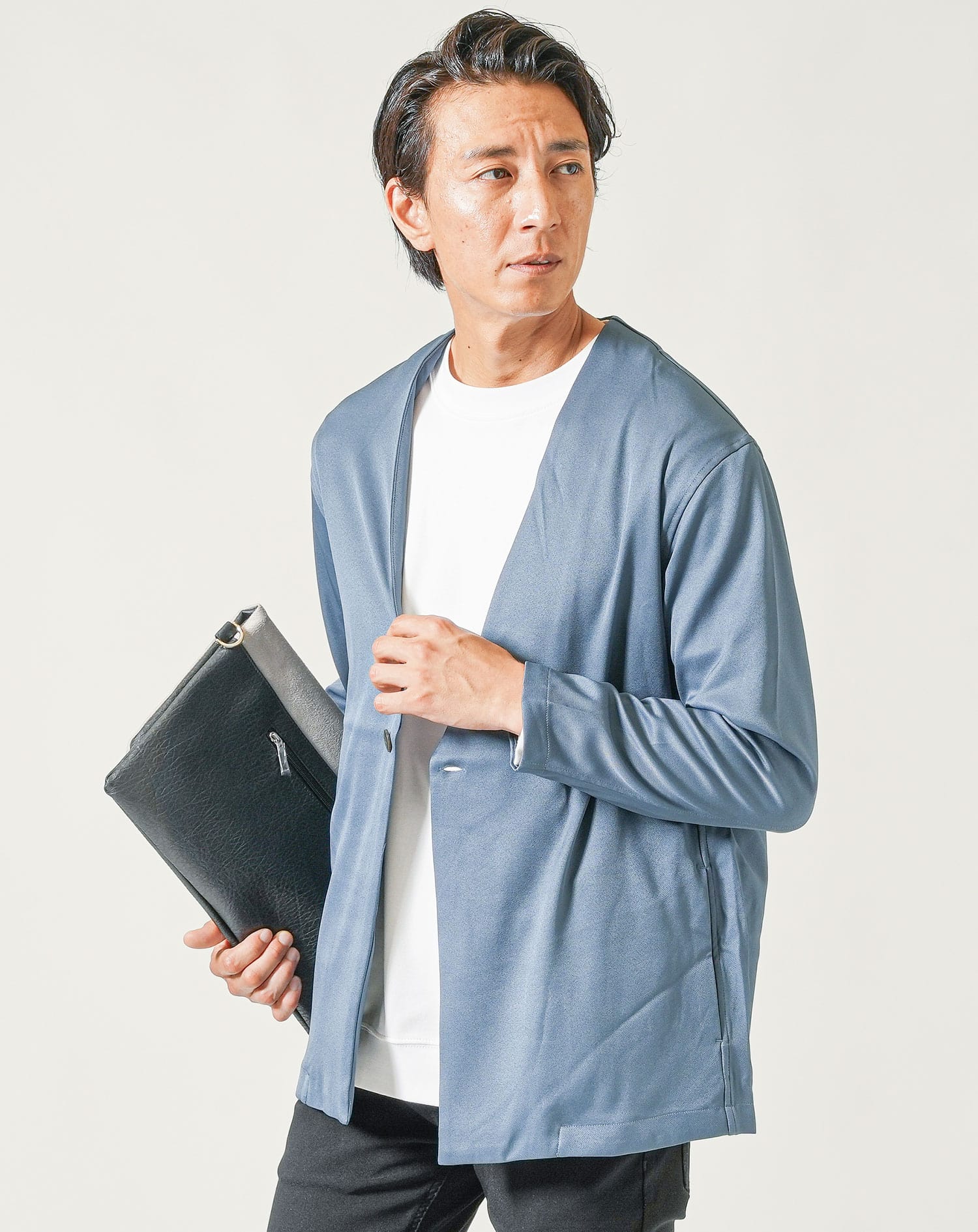 1ボタンストレッチ長袖ノーカラージャケット - Image 11
