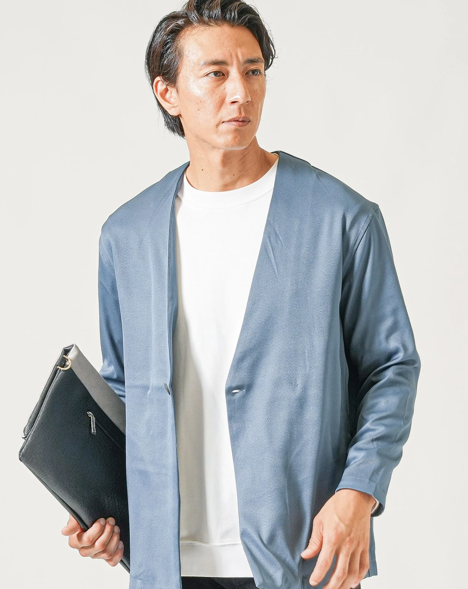 1ボタンストレッチ長袖ノーカラージャケット - Image 2