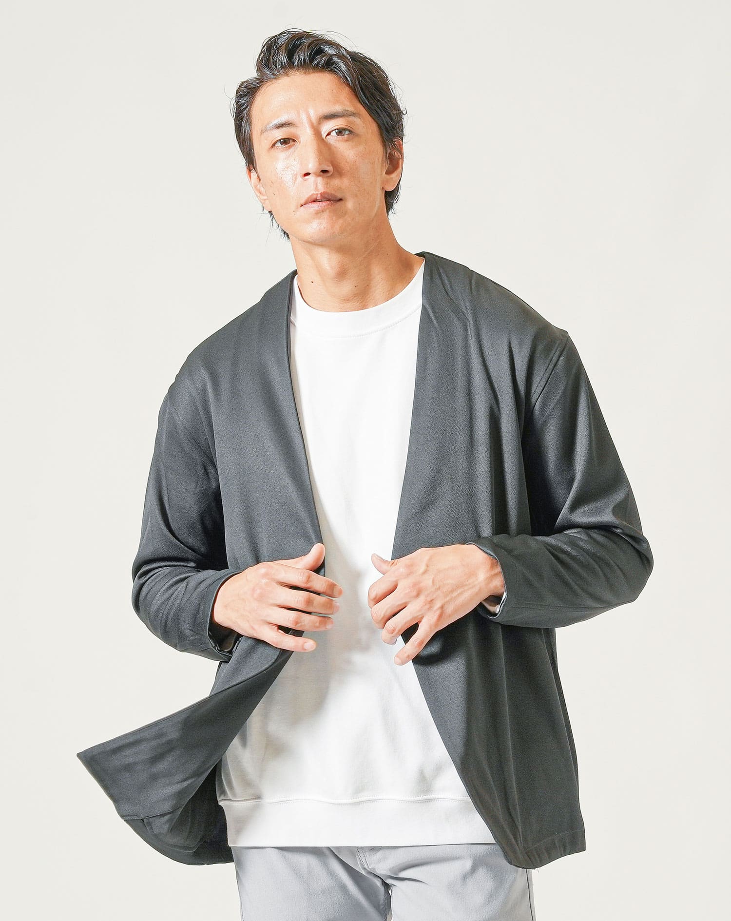 1ボタンストレッチ長袖ノーカラージャケット - Image 3