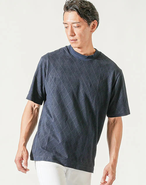 ジャケット専用インナークールマックス素材シャドーアーガイル半袖モックネッククルーネックTシャツ - Image 4