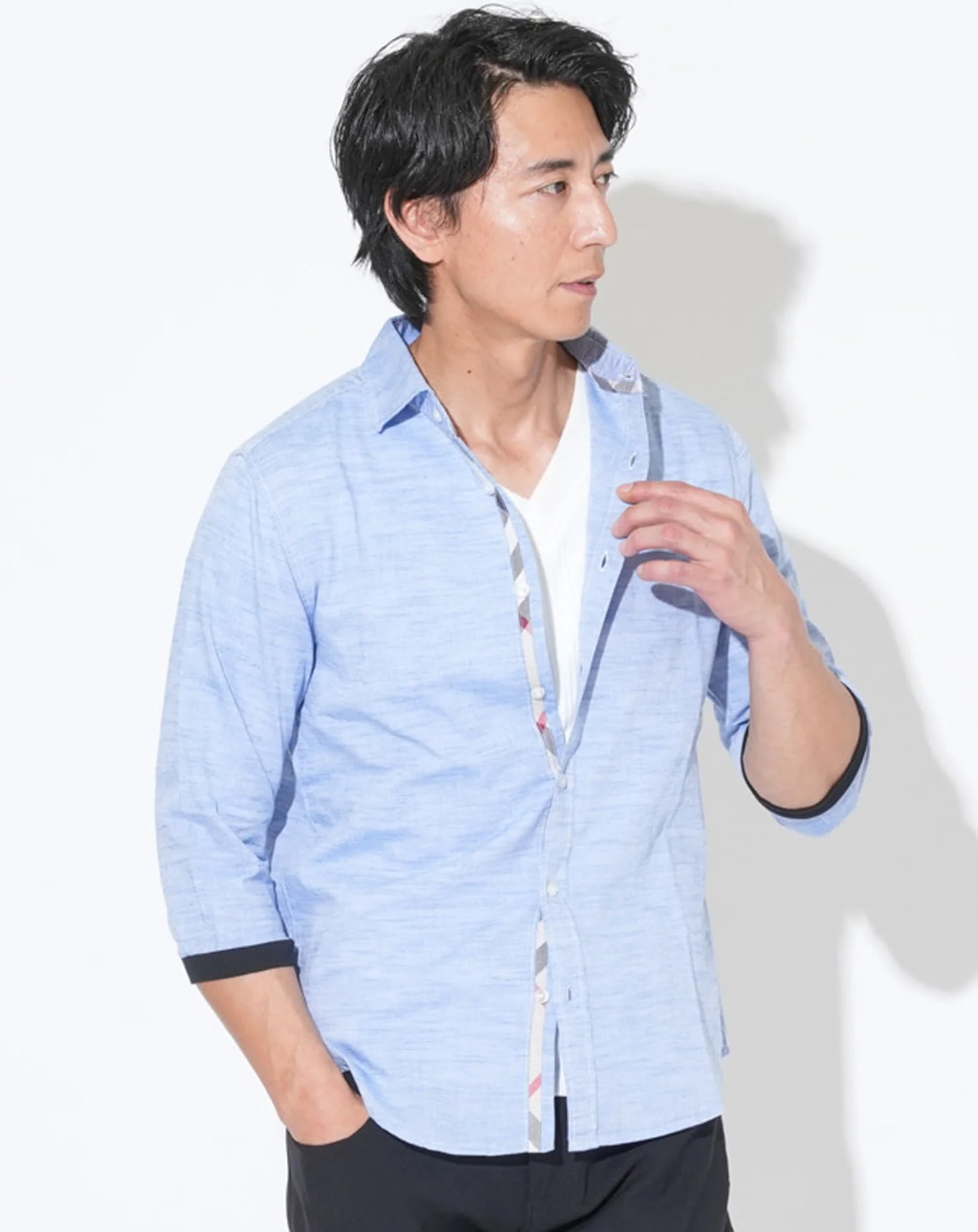 綿麻リネン混ホリゾンタルカラー袖リブ7分袖シャツ - Image 12