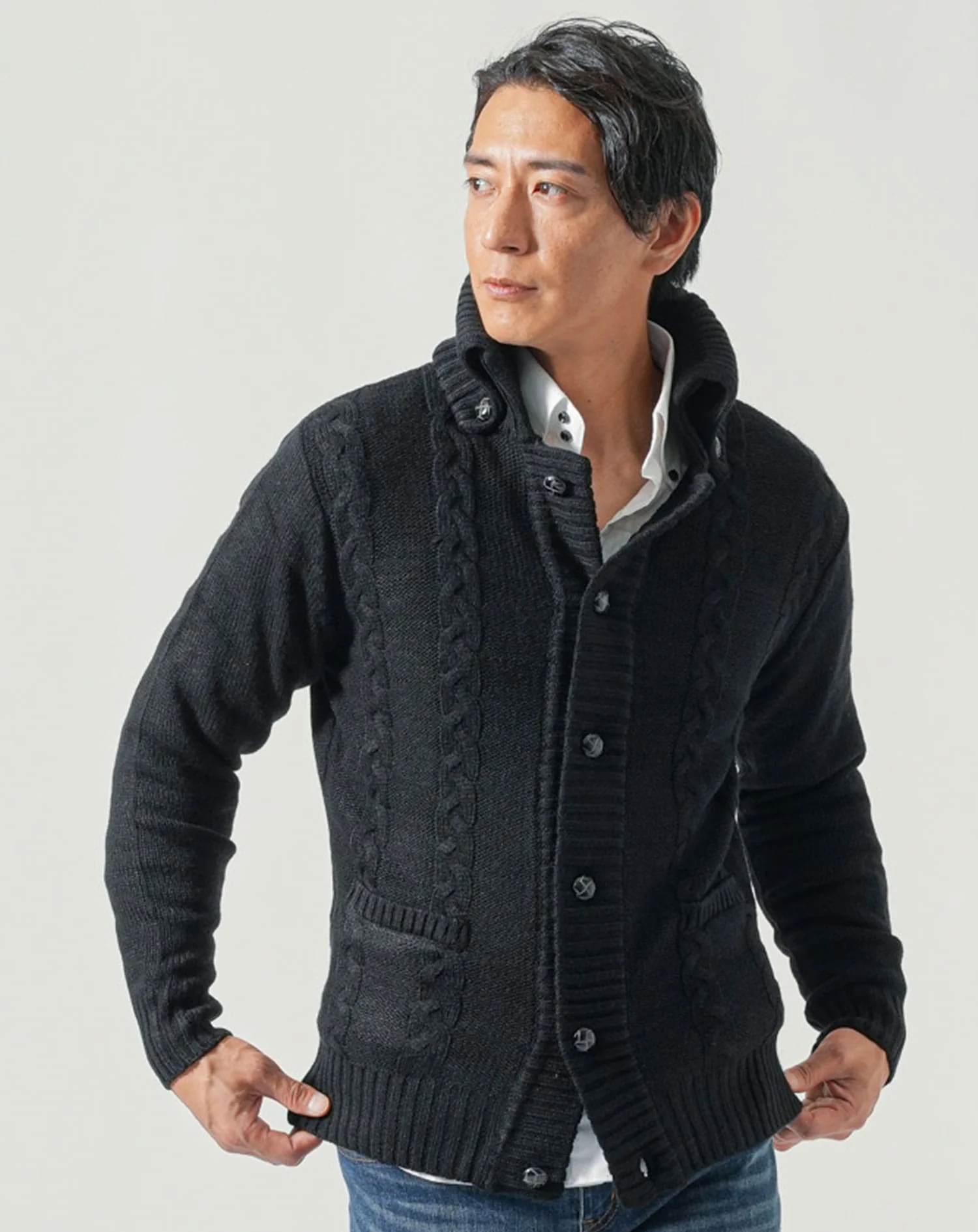 ドンキ襟ケーブル編み長袖ニットアウター - Image 12