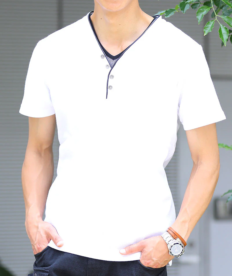 フェイクレイヤードデザインワッフル素材ヘンリーVネック半袖Ｔシャツ - Image 36