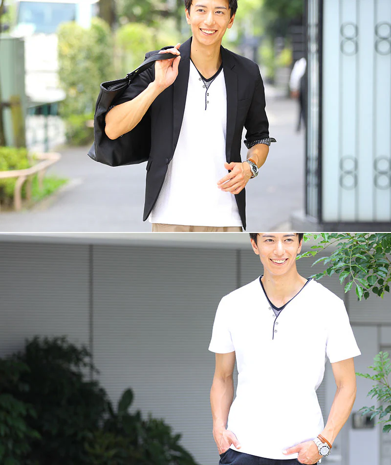 フェイクレイヤードデザインワッフル素材ヘンリーVネック半袖Ｔシャツ - Image 51
