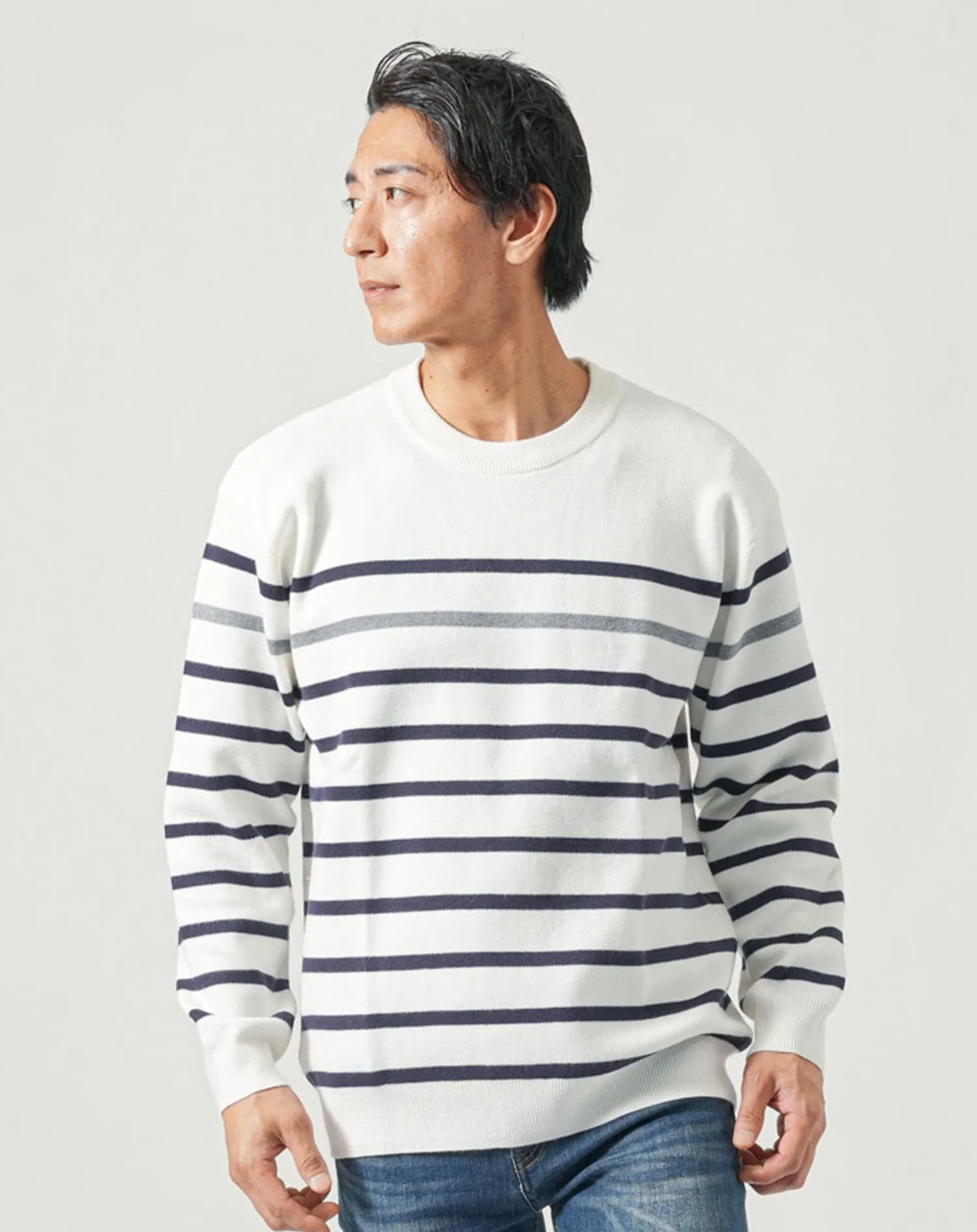 家で洗えるパネルボーダー長袖クルーネックニットTシャツ - Image 6