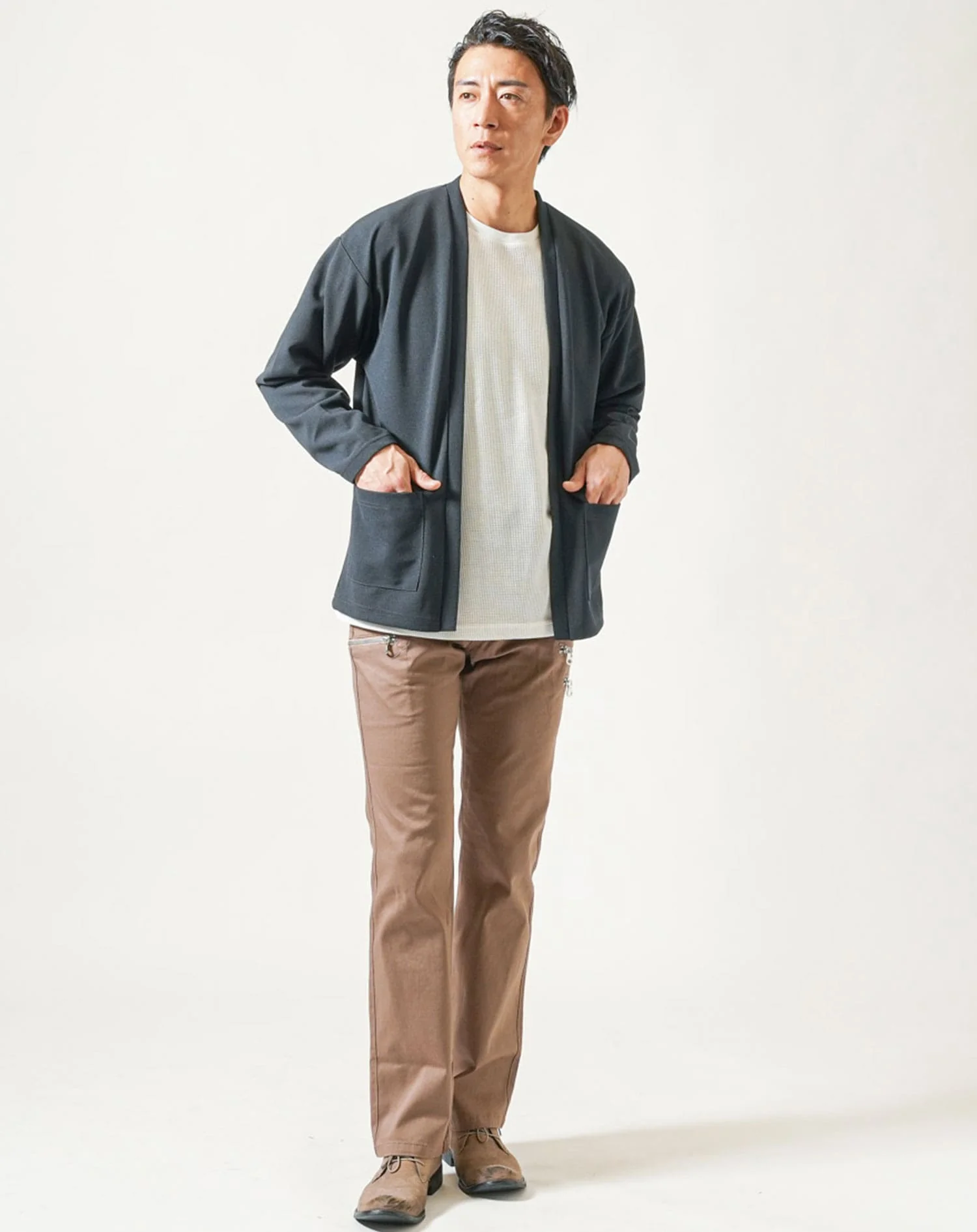 梨地ツイル長袖ボタンレスカーディガン×ワッフル半袖白Tシャツ 2点セット - Image 17