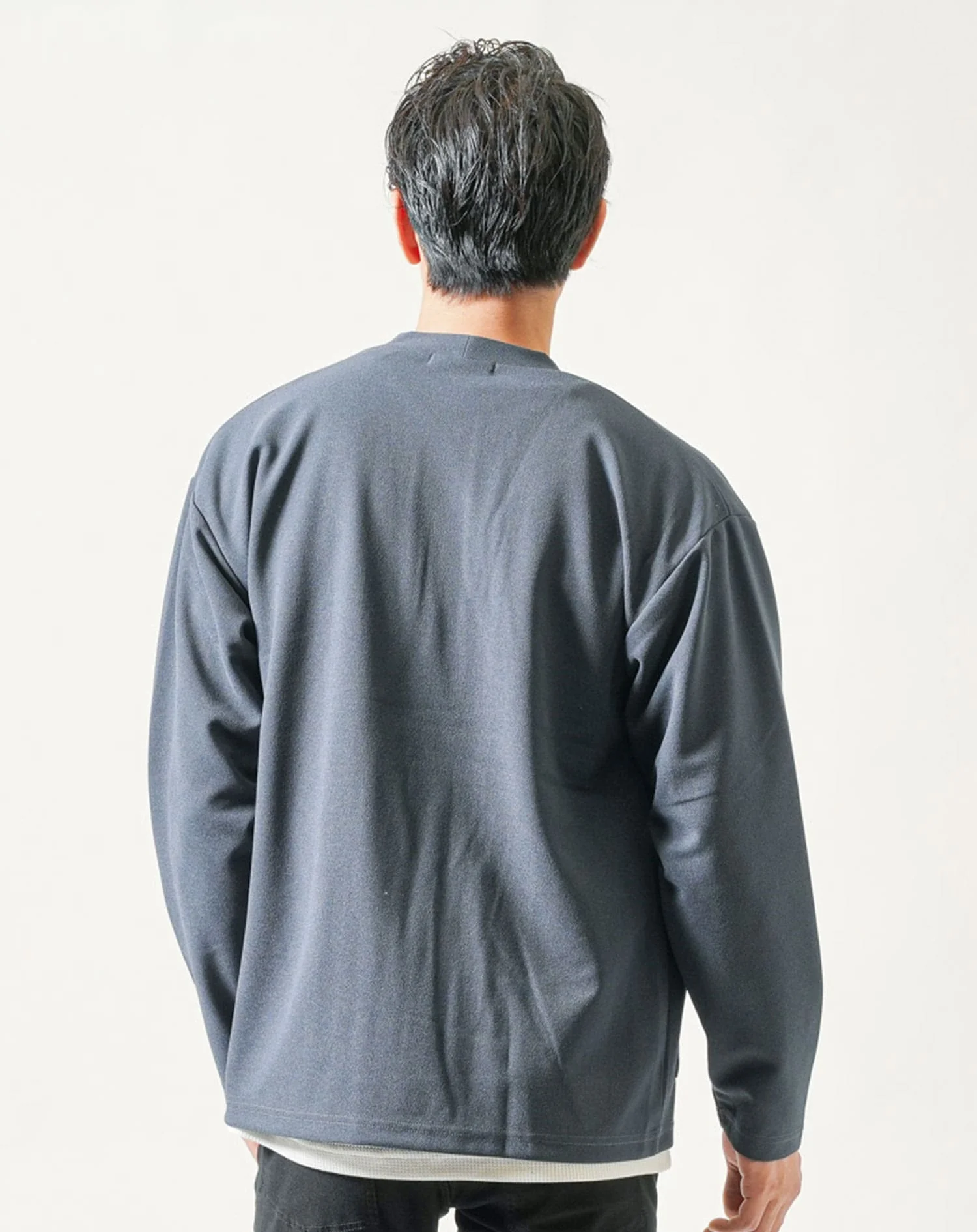 梨地ツイル長袖ボタンレスカーディガン×ワッフル半袖白Tシャツ 2点セット - Image 7