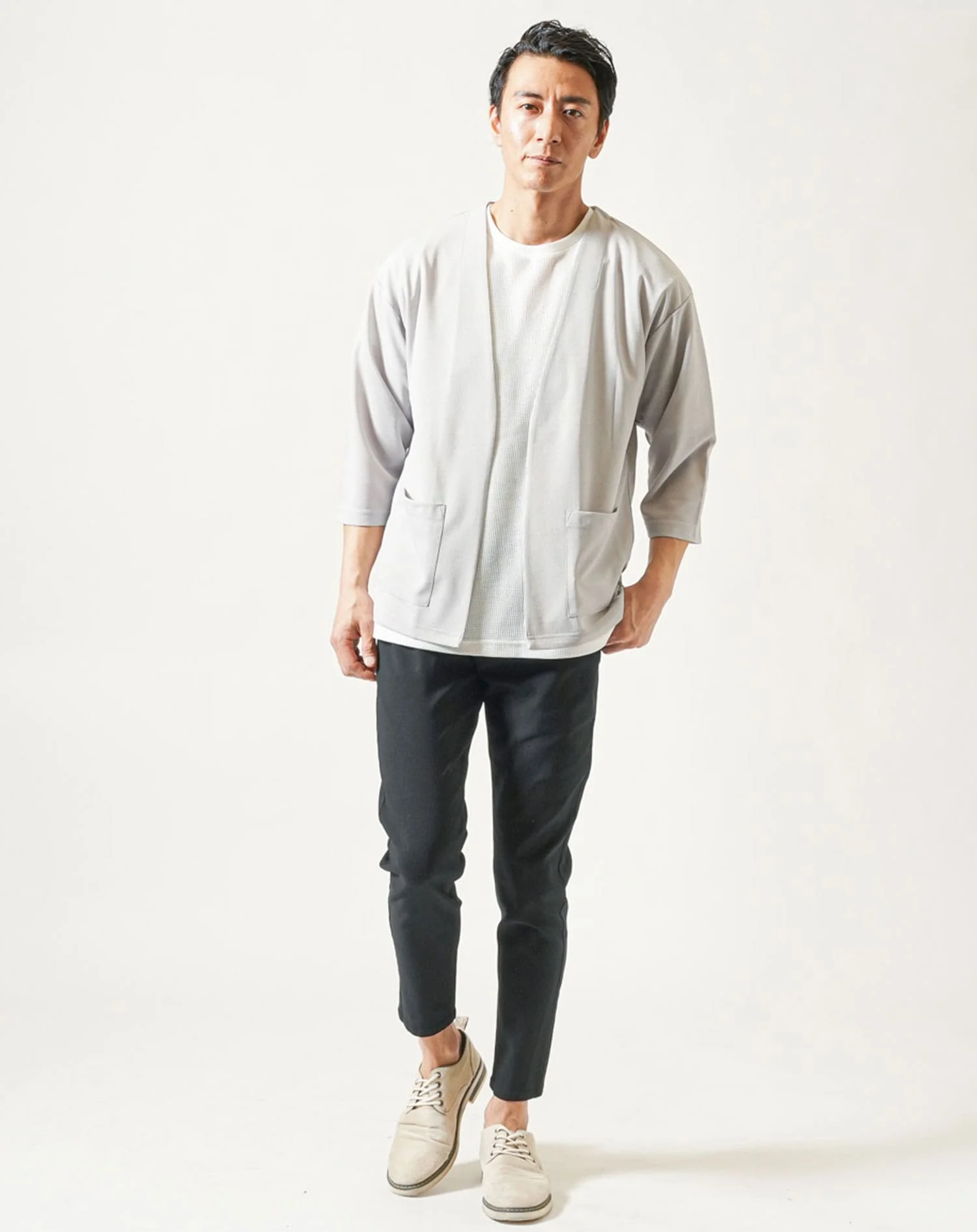 7分袖ボタンレスカーディガン×半袖ワッフル白Tシャツ 2点セット - Image 18
