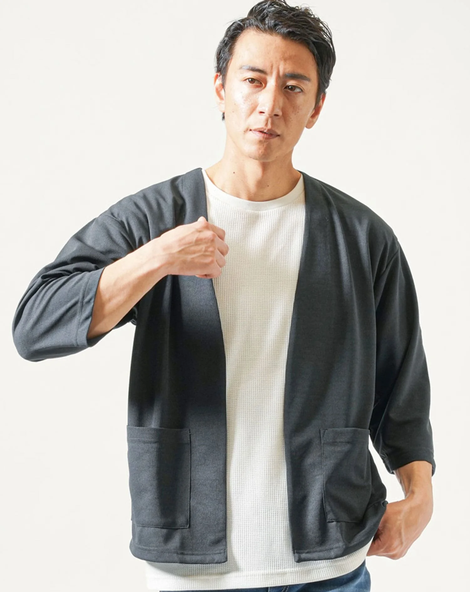 7分袖ボタンレスカーディガン×半袖ワッフル白Tシャツ 2点セット - Image 3