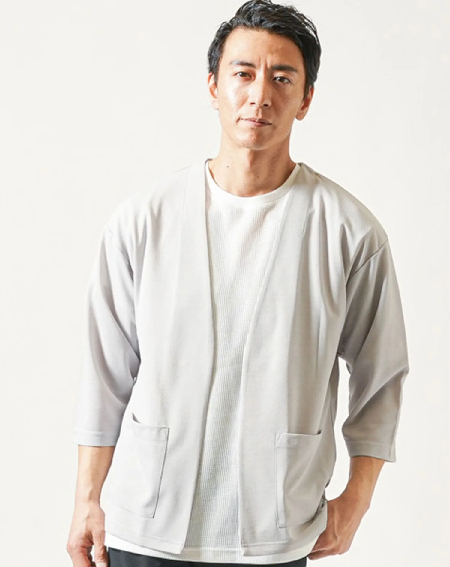7分袖ボタンレスカーディガン×半袖ワッフル白Tシャツ 2点セット - Image 4