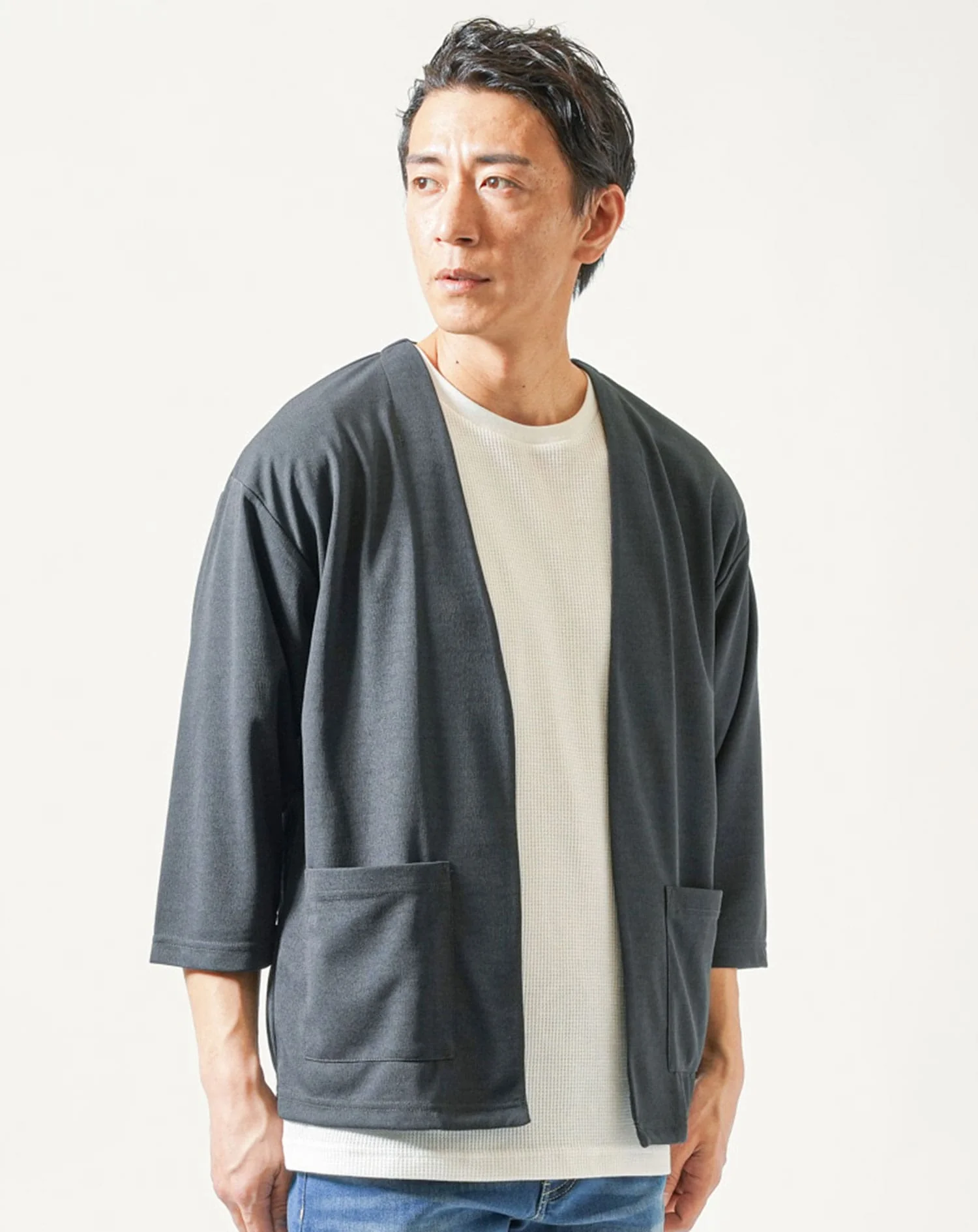 7分袖ボタンレスカーディガン×半袖ワッフル白Tシャツ 2点セット - Image 9