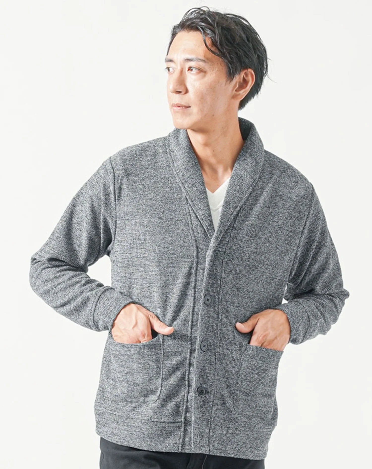 メランジショールカラー長袖カーディガン - Image 4
