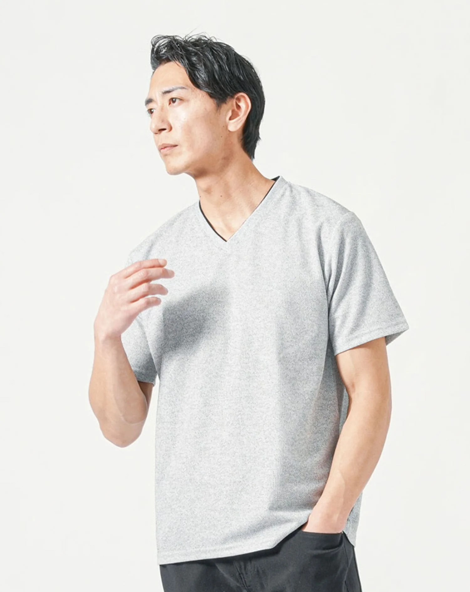 フェイクレイヤードジャガード半袖VネックTシャツ - Image 6