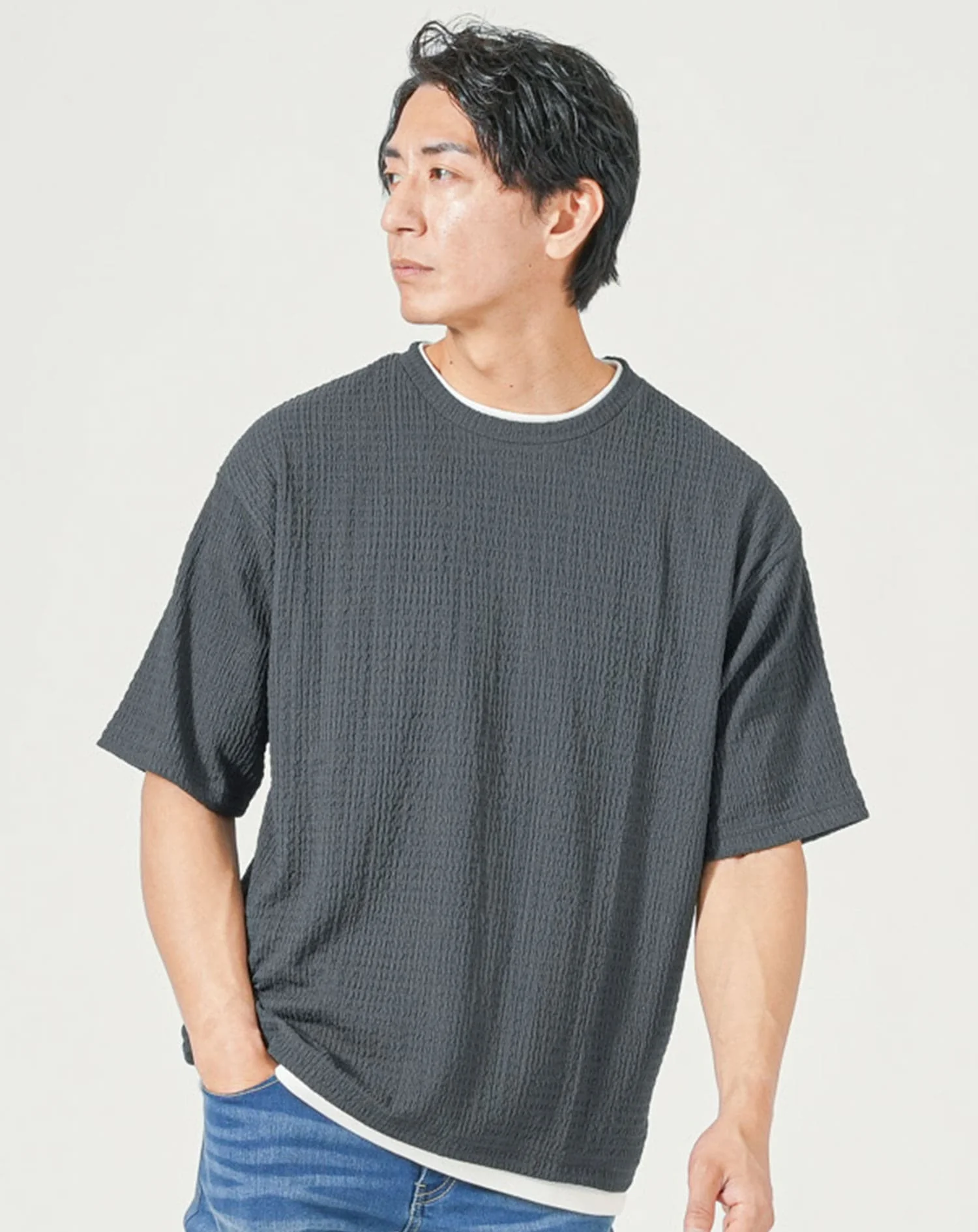 楊柳ストレッチフェイクレイヤードオーバーサイズ半袖Tシャツ - Image 28