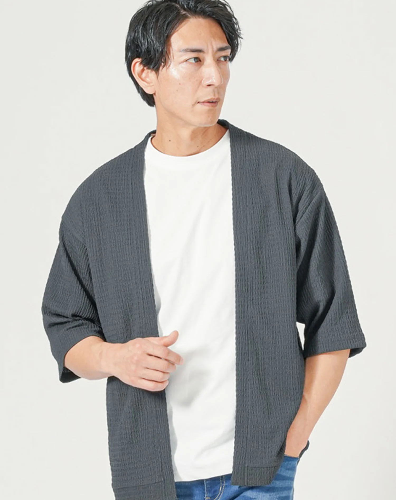 「2枚セット」楊柳ストレッチ夏薄手7分袖ボタンレスカーディガン×半袖クルーネックＴシャツ - Image 2