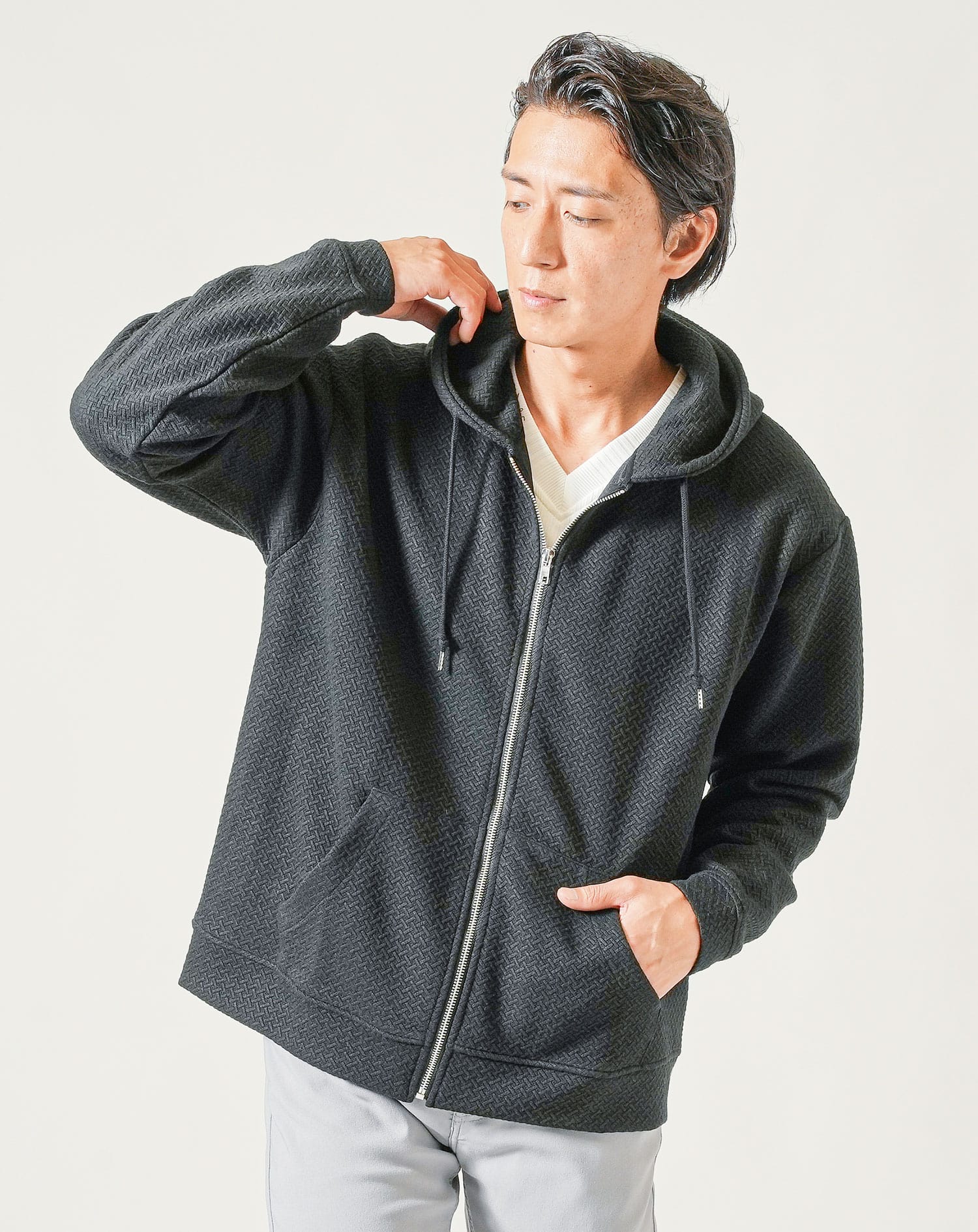 膨れジャガード長袖ジップアップパーカー - Image 5