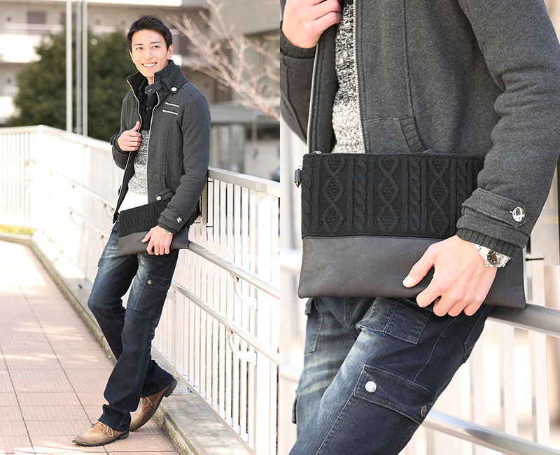 アラン編みニット×ＰＵレザー切り替えデザインクラッチバッグ - Image 17