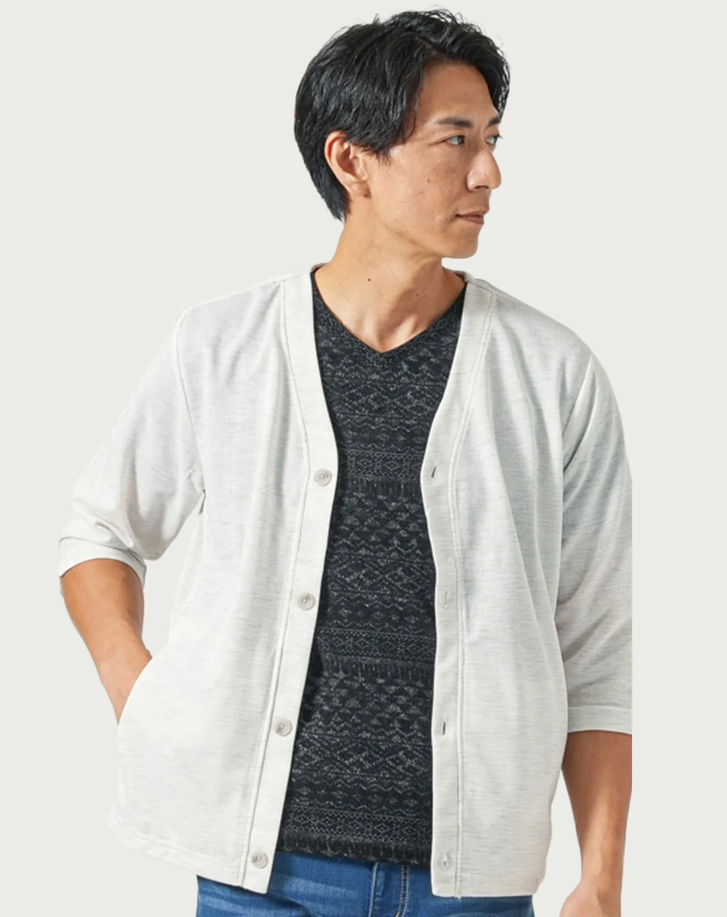 麻混ストライプ7分袖カーディガン - Image 4