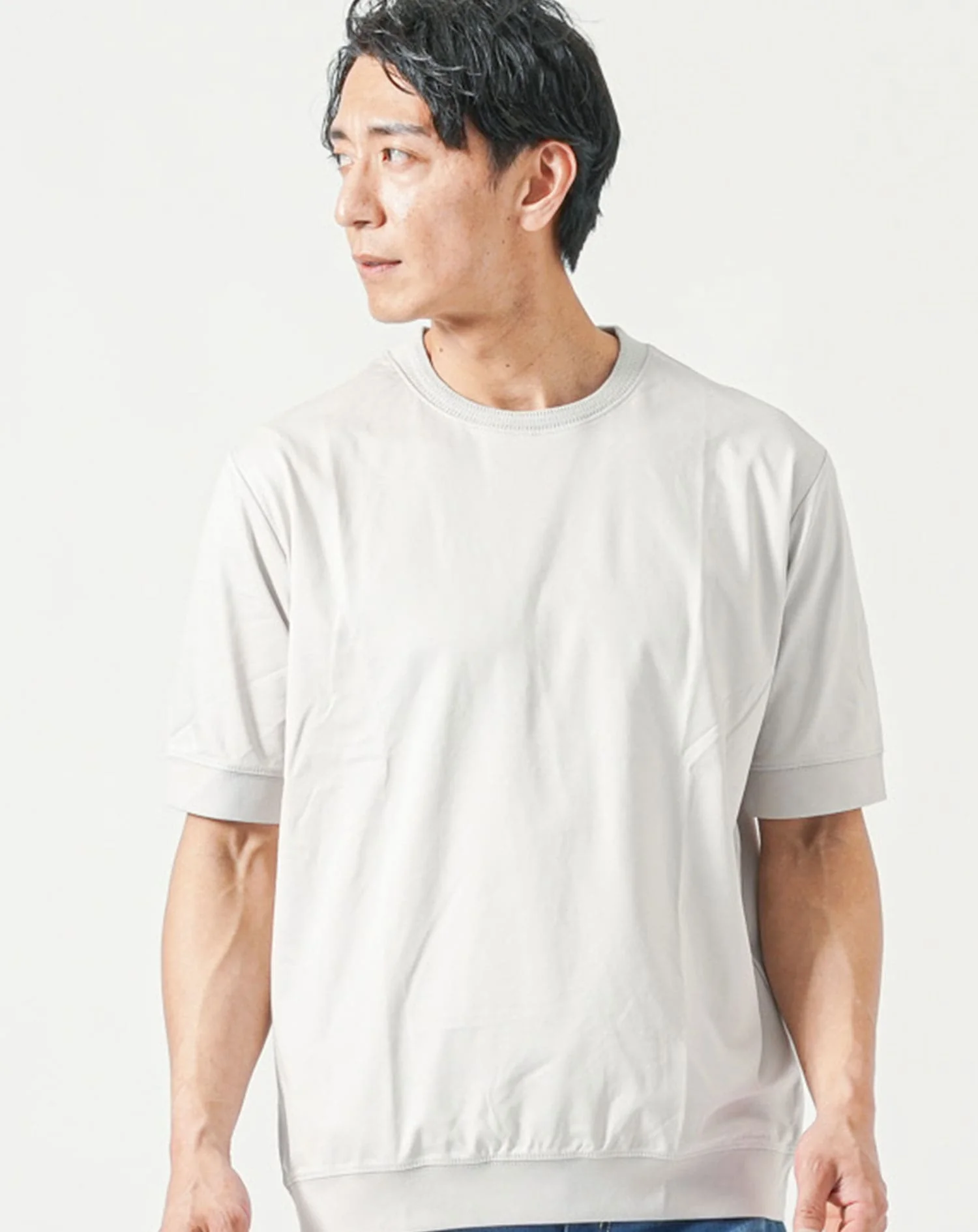 ジャケット専用インナー 襟高プレミアムコットン半袖クルーネックTシャツ - Image 5
