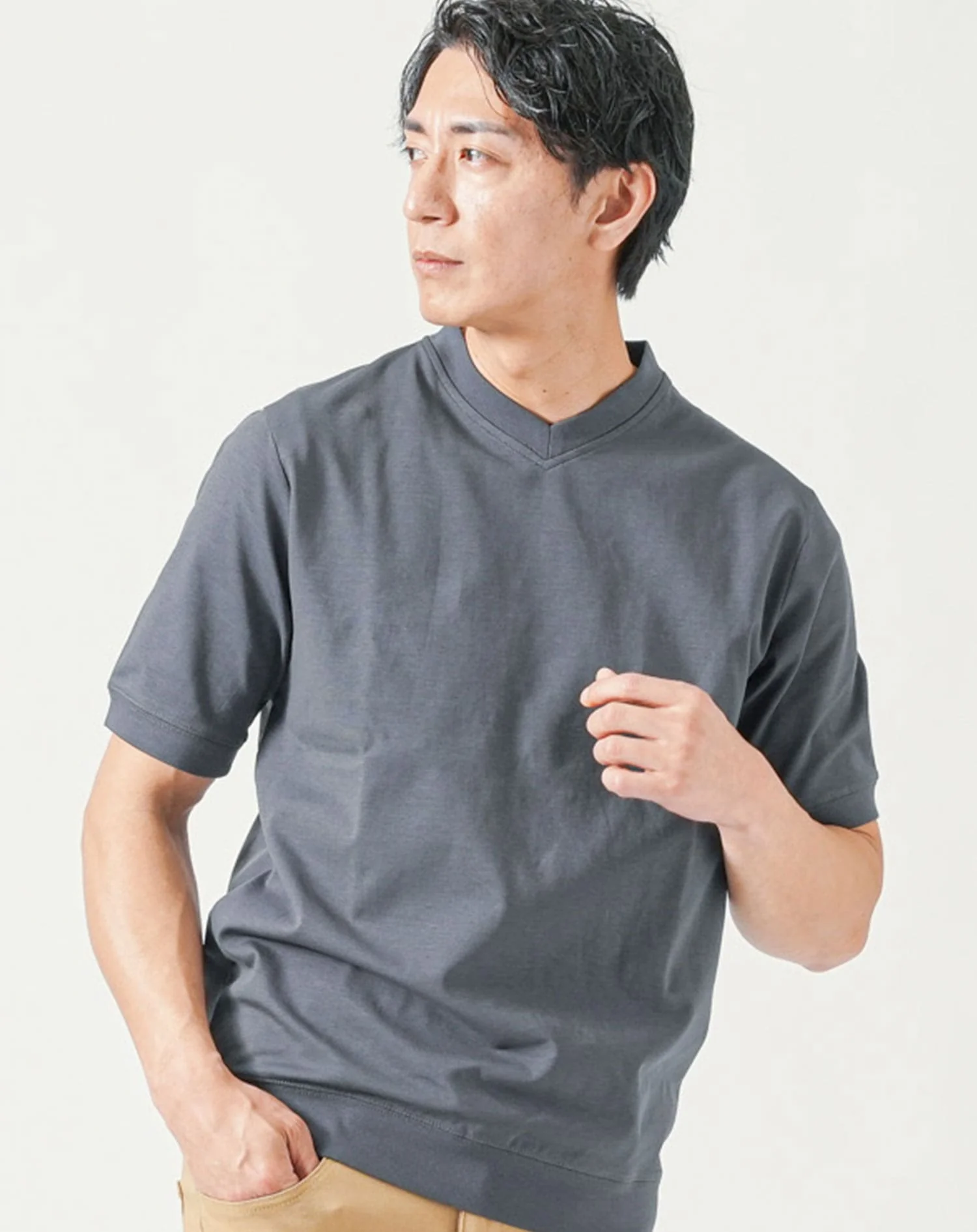 接触冷感リブ付き半袖クルーネック・VネックTシャツ - Image 16