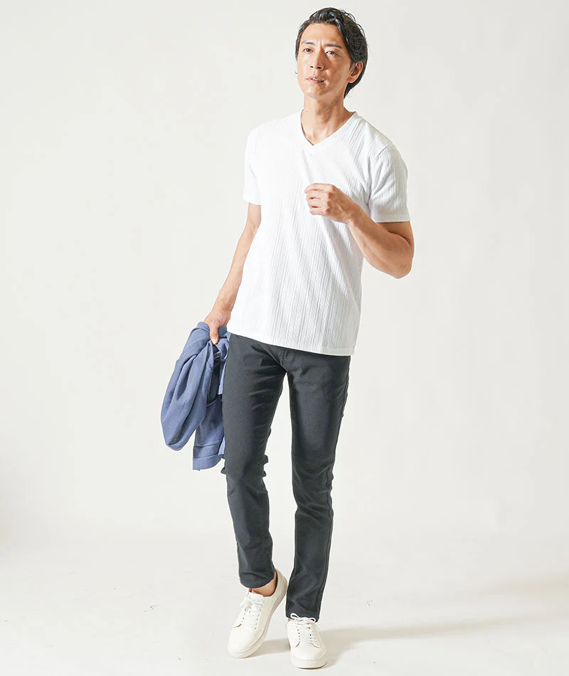 接触冷感5分袖ボタンレスカーディガン×ランダムテレコ半袖VネックTシャツ　2枚セット - Image 12