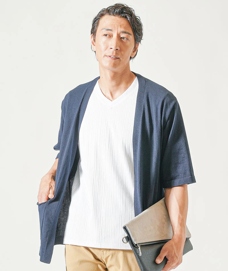接触冷感5分袖ボタンレスカーディガン×ランダムテレコ半袖VネックTシャツ　2枚セット - Image 17