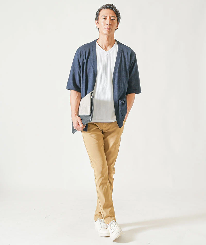 接触冷感5分袖ボタンレスカーディガン×ランダムテレコ半袖VネックTシャツ　2枚セット - Image 18