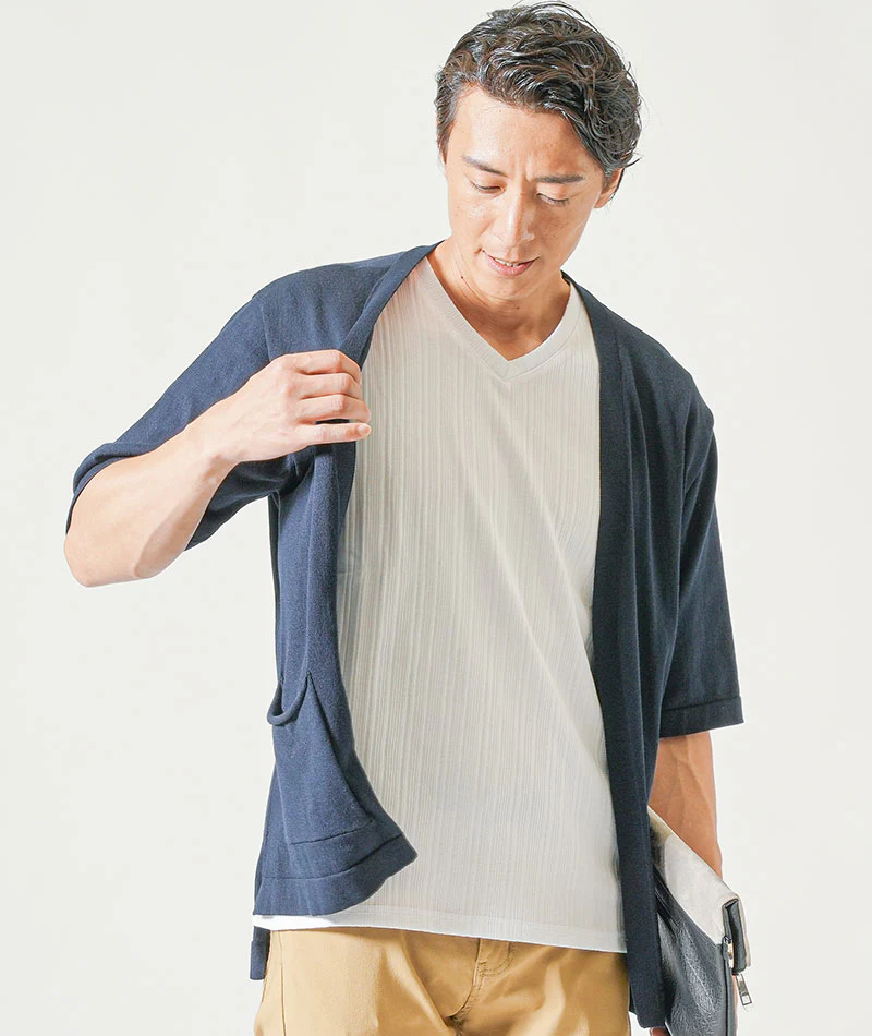 接触冷感5分袖ボタンレスカーディガン×ランダムテレコ半袖VネックTシャツ　2枚セット - Image 21