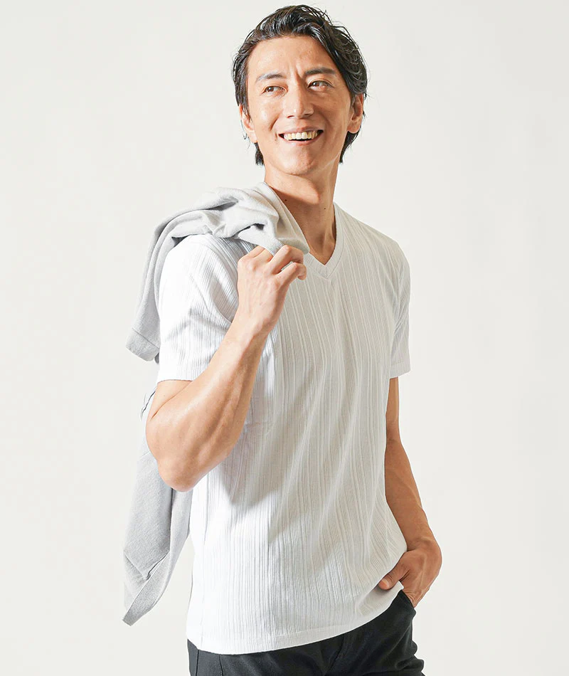 接触冷感5分袖ボタンレスカーディガン×ランダムテレコ半袖VネックTシャツ　2枚セット - Image 25