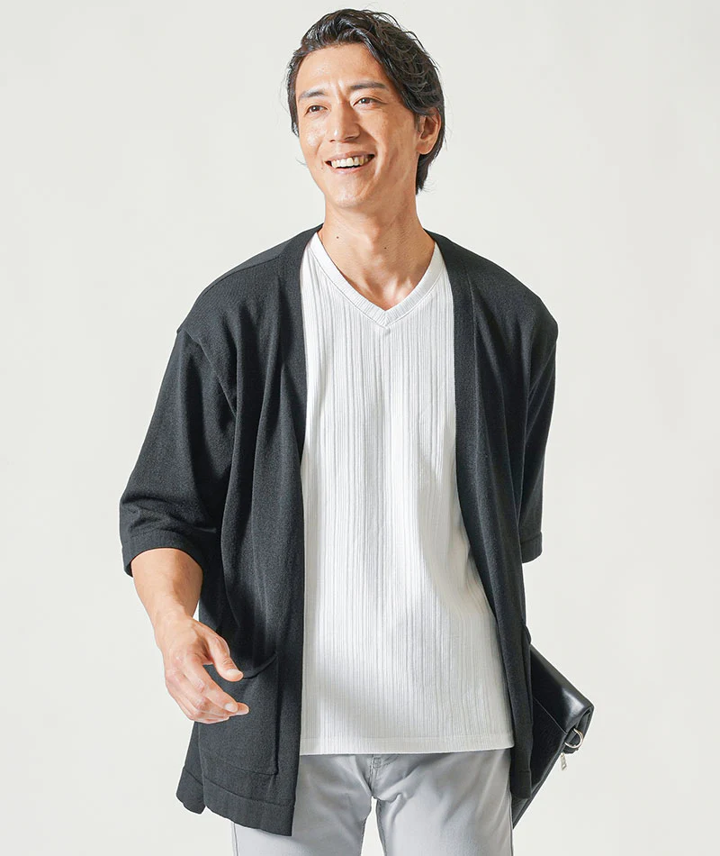 接触冷感5分袖ボタンレスカーディガン×ランダムテレコ半袖VネックTシャツ　2枚セット - Image 29