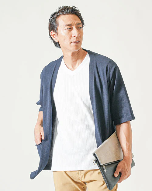 接触冷感5分袖ボタンレスカーディガン×ランダムテレコ半袖VネックTシャツ　2枚セット - Image 3