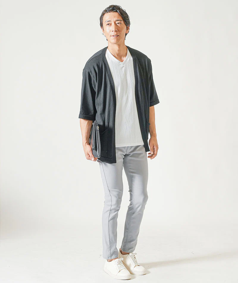 接触冷感5分袖ボタンレスカーディガン×ランダムテレコ半袖VネックTシャツ　2枚セット - Image 30