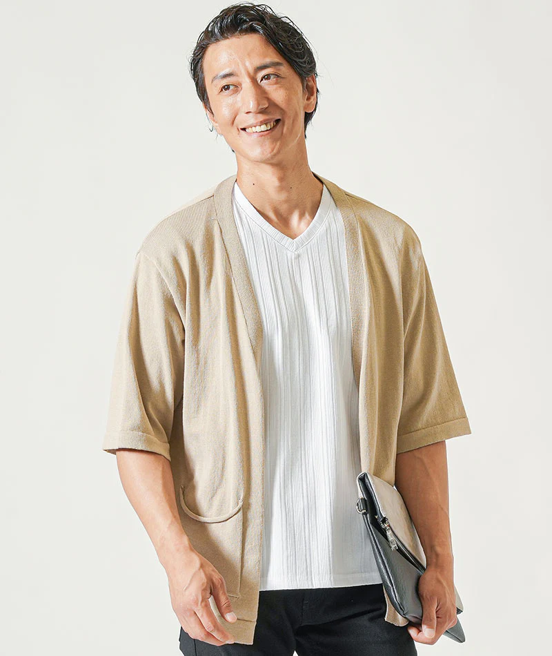 接触冷感5分袖ボタンレスカーディガン×ランダムテレコ半袖VネックTシャツ　2枚セット - Image 35