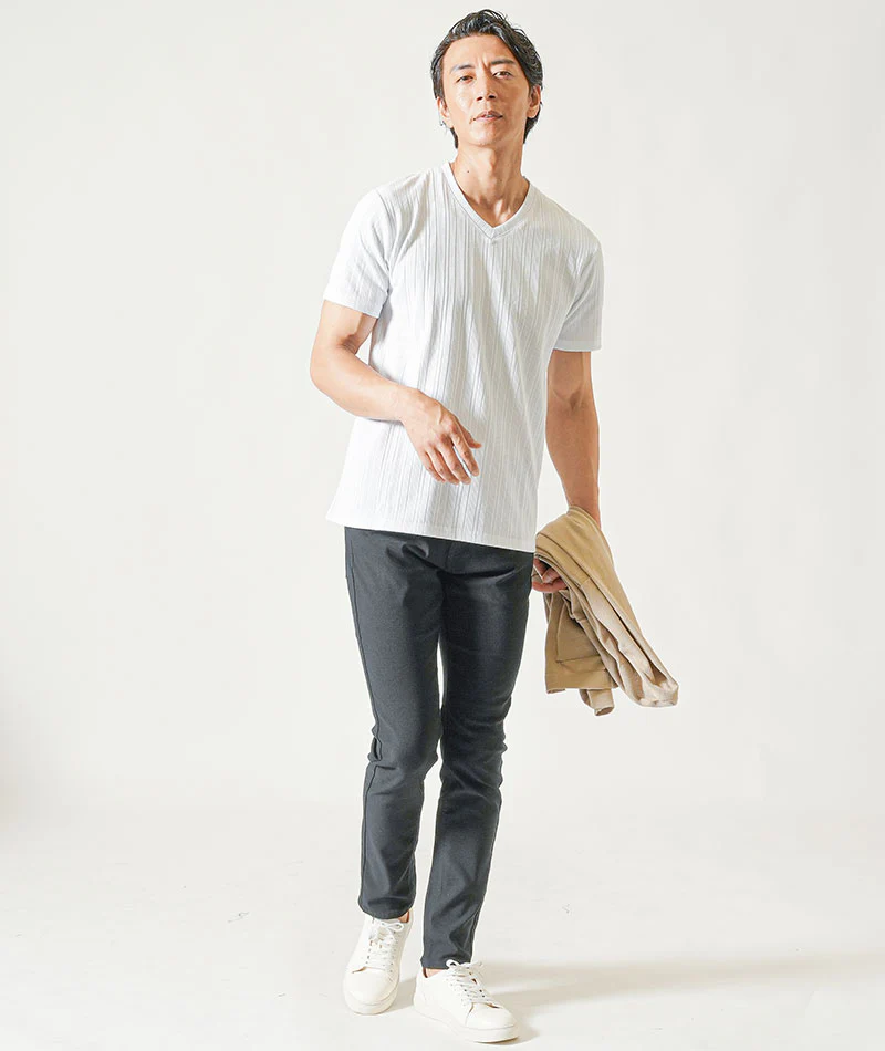 接触冷感5分袖ボタンレスカーディガン×ランダムテレコ半袖VネックTシャツ　2枚セット - Image 38