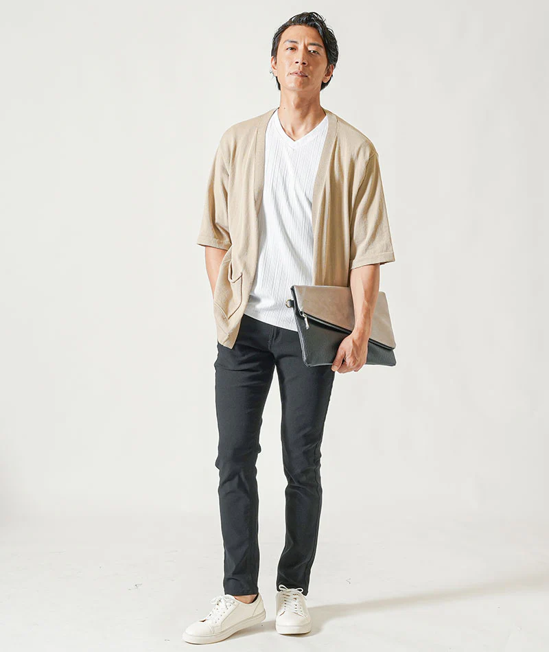 接触冷感5分袖ボタンレスカーディガン×ランダムテレコ半袖VネックTシャツ　2枚セット - Image 39