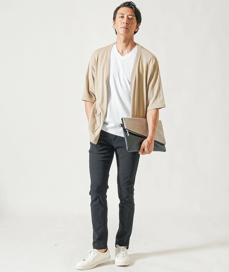 接触冷感5分袖ボタンレスカーディガン×ランダムテレコ半袖VネックTシャツ　2枚セット - Image 58