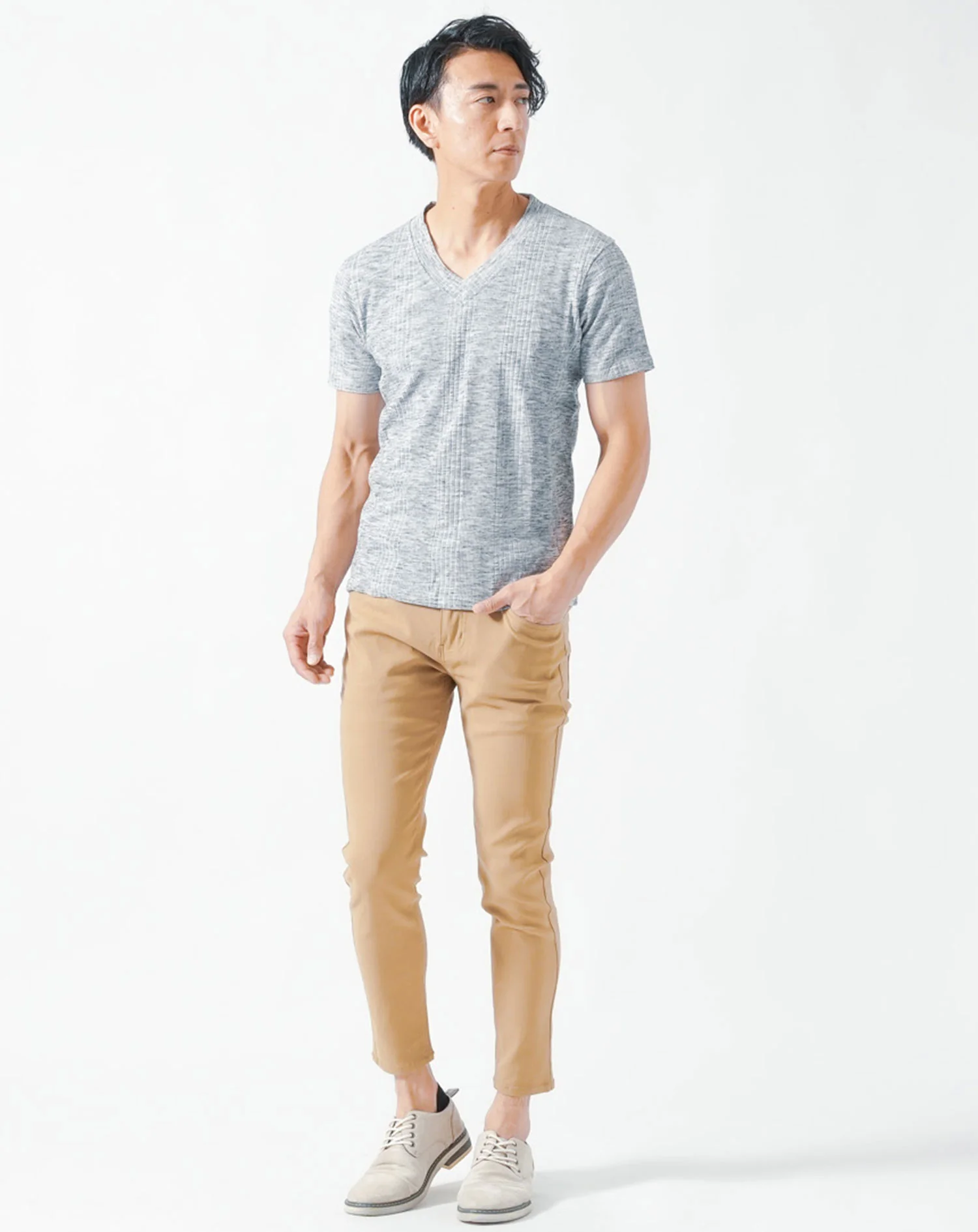 ランダムテレコスリムフィットVネック半袖Tシャツ - Image 47