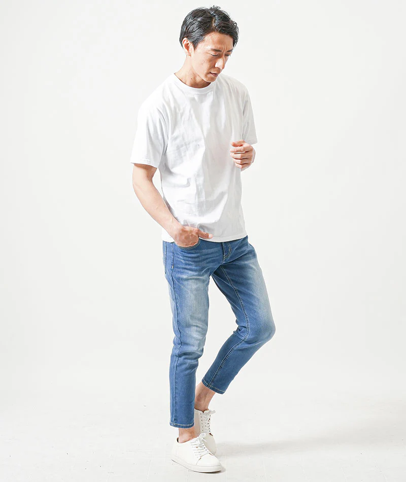 30代メンズ夏の接触冷感3点コーデセット　黒7分袖テーラードジャケット×白半袖Tシャツ×ブルーアンクルデニムパンツ - Image 5