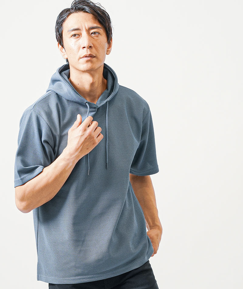 30代メンズ2点コーデセット　ブルー5分袖プルオーバーパーカー×黒スレッチチノパンツ - Image 6