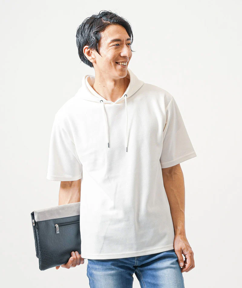 30代メンズ夏の2点コーデセット　白5分袖プルパーカー×ブルーアンクルデニムパンツ - Image 5