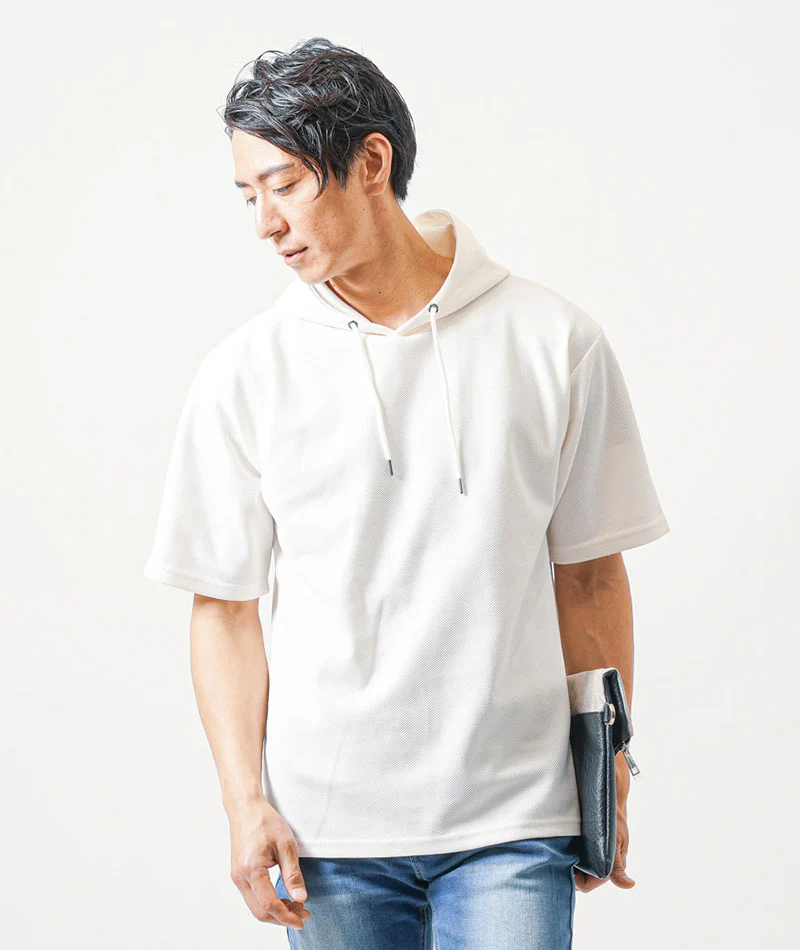 30代メンズ夏の2点コーデセット　白5分袖プルパーカー×ブルーアンクルデニムパンツ - Image 6