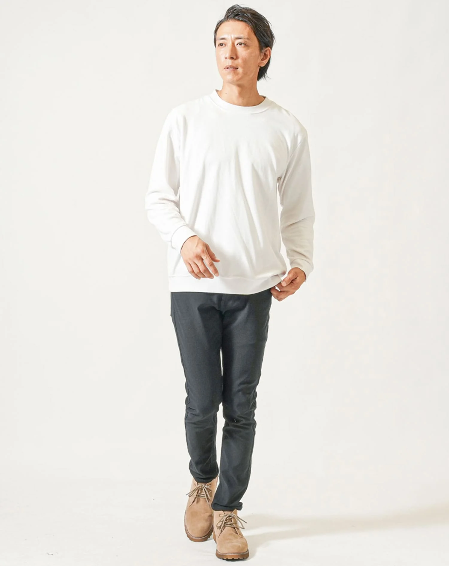 30代メンズ秋服3点コーデセット　グレー長袖テーラードジャケット×白長袖Tシャツ×黒ストレッチテーパードチノパンツ - Image 5