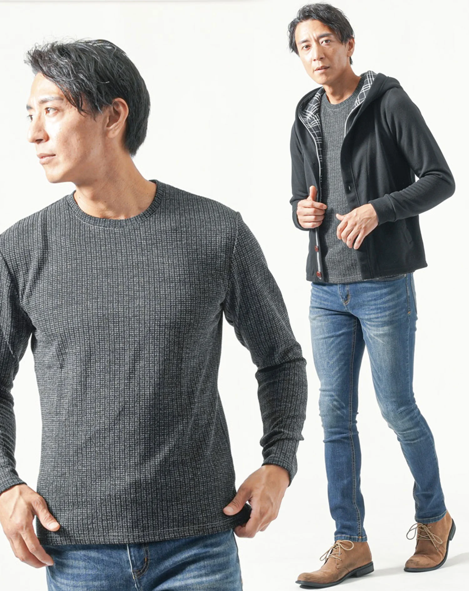 30代メンズ全身3点コーデセット　黒長袖パーカー×チャコールグレー長袖ニットTシャツ×ネイビーデニムパンツ - Image 2