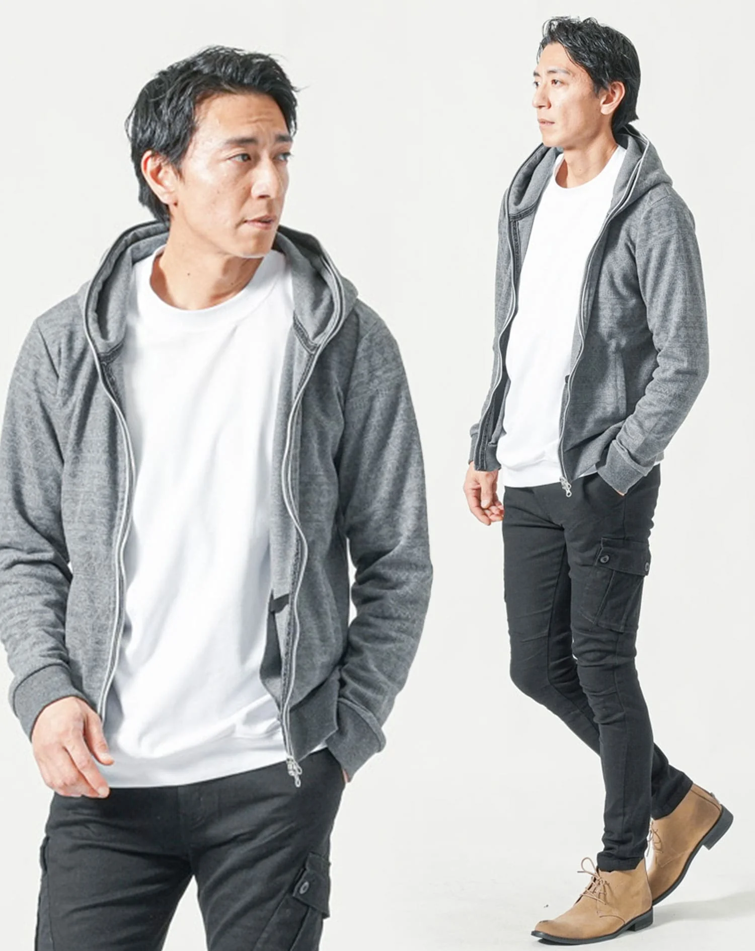 30代メンズ全身3点コーデセット　グレー長袖パーカー×白長袖Tシャツ×黒カーゴパンツ - Image 2