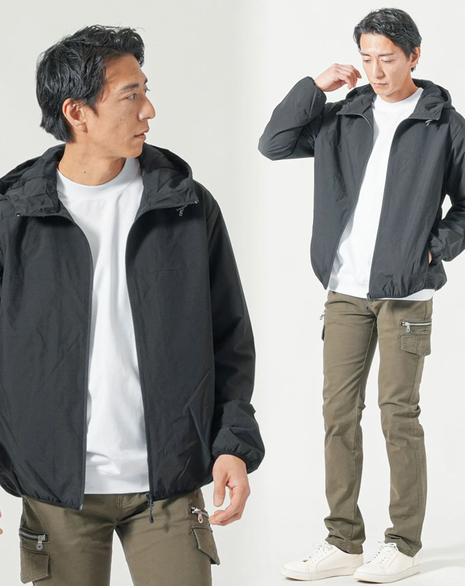 30代メンズ全身3点コーデセット　黒マウンテンパーカー×白長袖Tシャツ×カーキカーゴパンツ - Image 2